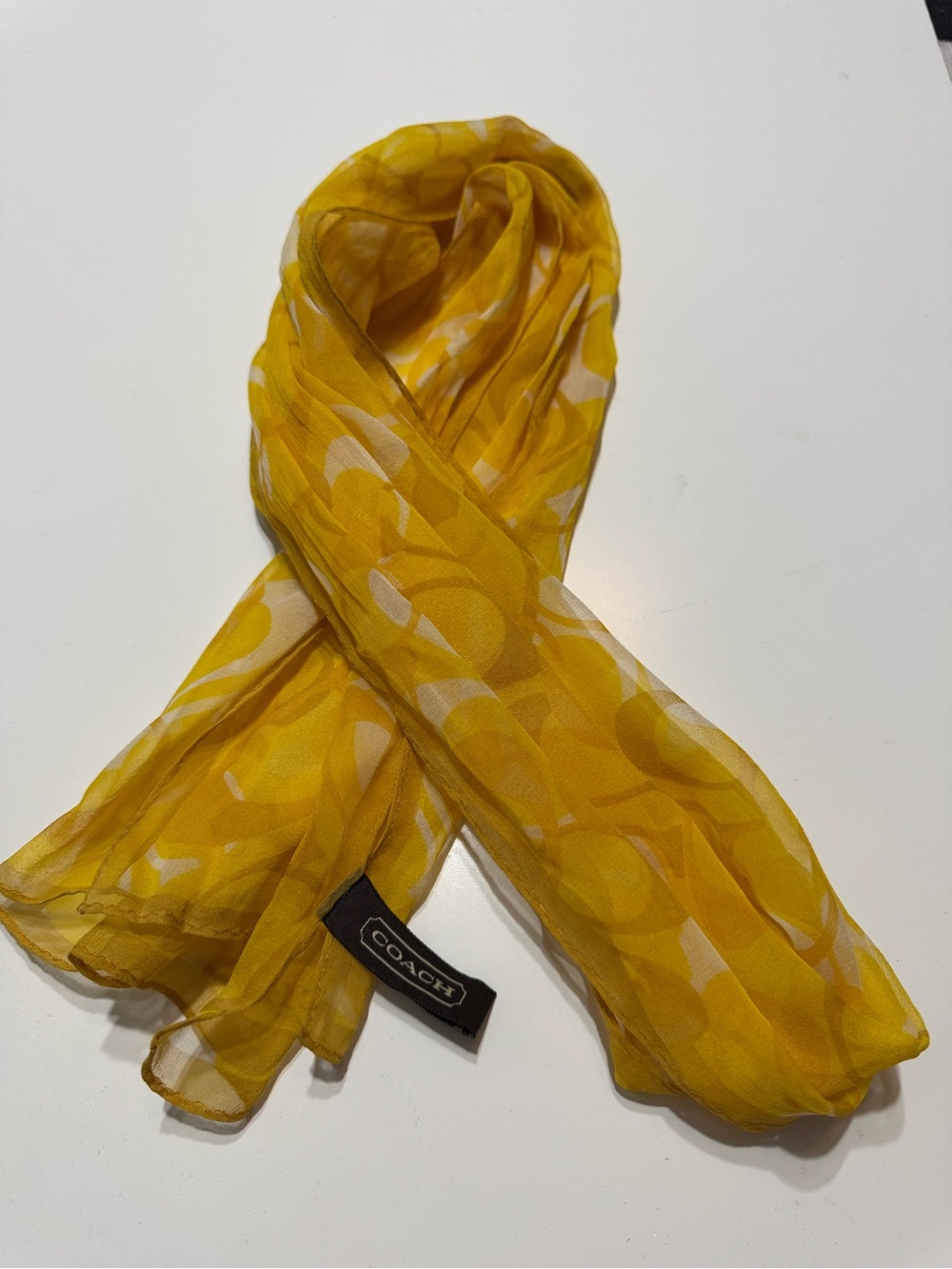 Coach signature "C" logo scarf Yellow‎ 100% silk sheer Y2K rare long with Bag